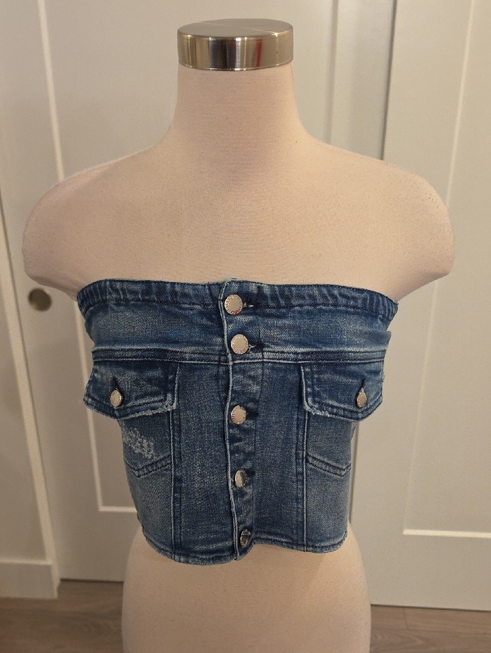 Retrofete Blue Denim Strapless Button front Crop Top size S new without the tag